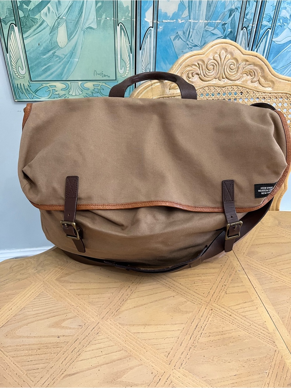 Men’s Jack Spade Khaki Brown Canvas, Brown Leather Messenger Bag